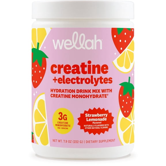Wellah Creatine Electrolytes Powder (Strawberry Lemonade) 30 Servings - Hydration Drink Mix with 3g of Creatine Monohydrate