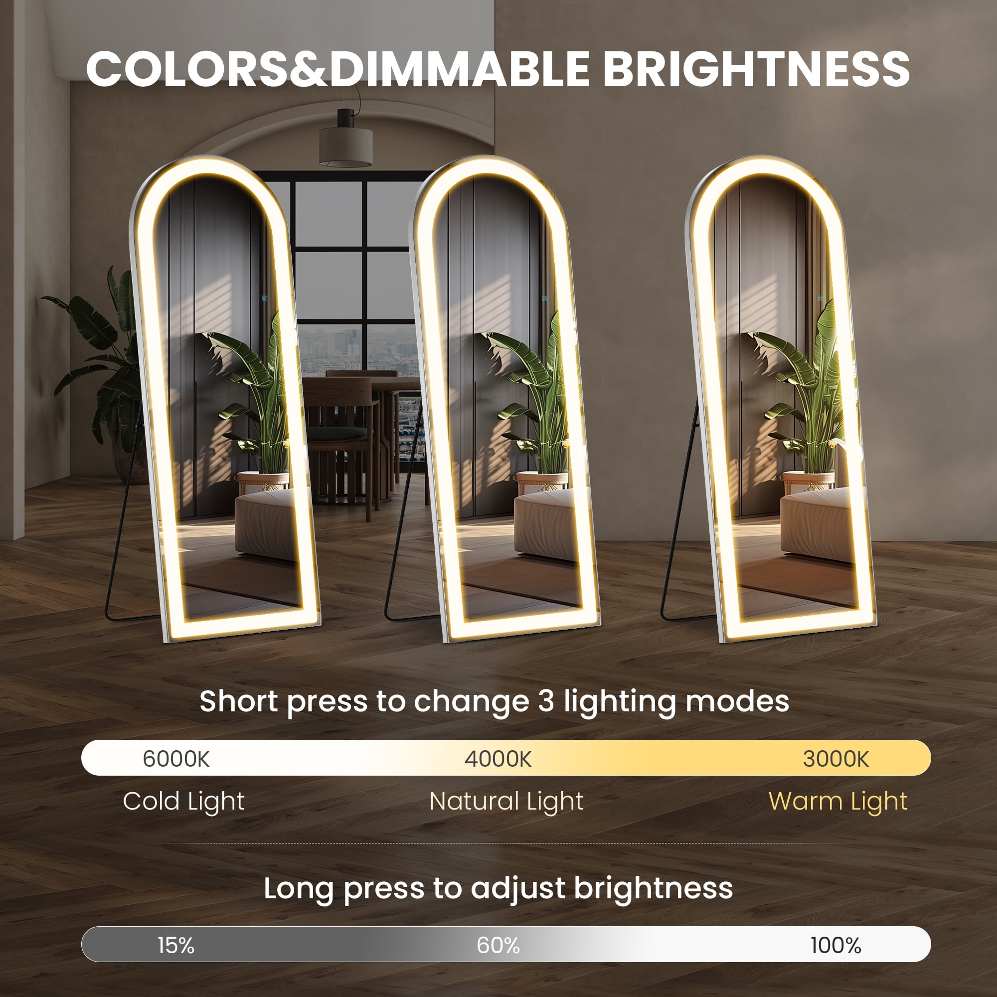 MAYEERTY 64"x21" LED Full Length Mirror, Floor Standing Mirror with Stand, Wall Mounted Hanging