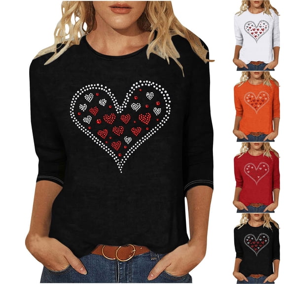 Jsaierl Valentines Day Shirts for Women Plus Size Love Heart Print Tees Casual 3/4 Sleeve Blouse Round Neck Holiday T-shirt Tops Spring Clothes for Women