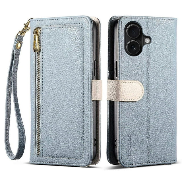 ESEBLE E11 For iPhone 17 Case Zipper Pocket Litchi Texture Leather Phone Cover with Mirror and Wrist