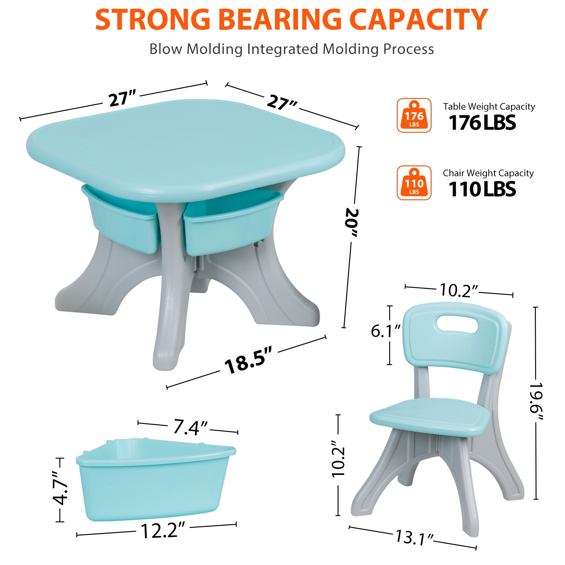 HomGarden Toddler Kids Table & 2 Chair Set 3Pcs Plastic Child Activity Table W/Storage Bins Blue