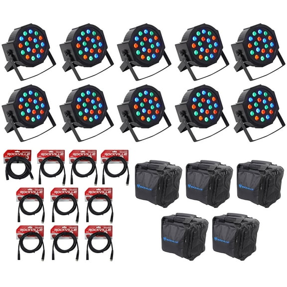 (10) Rockville RockPAR50 LED RGB Par Can DJ/Club DMX Wash Lights Cables Bags