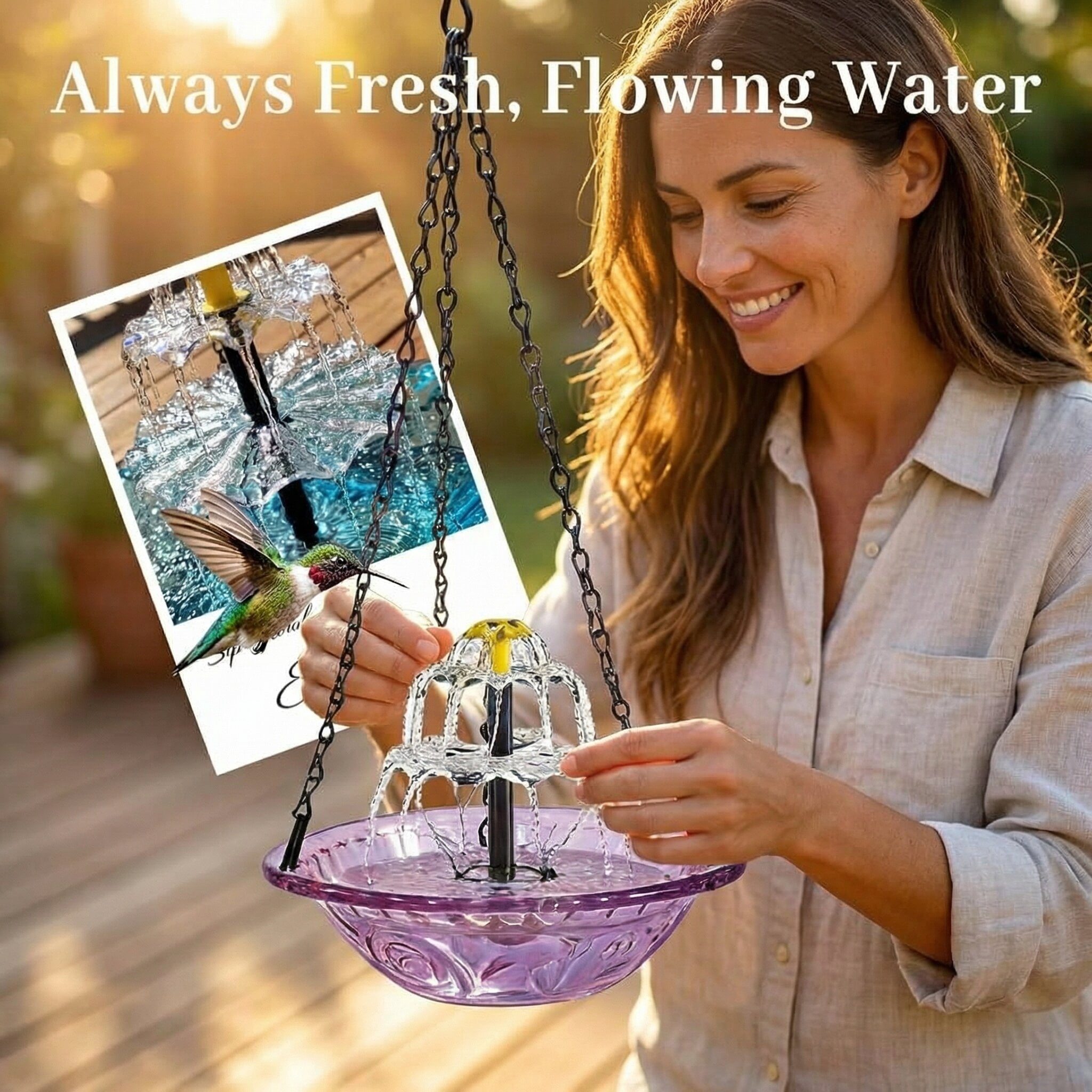 ValueAgain Solar Cascade Hanging Bird Bath Fountain, Outdoor Hanging Bird Bath with Solar Fountain, Large Humming Bird Baths are Suitable, with Solars Pump & Bowl,for Outdoor, Gardens, Purple