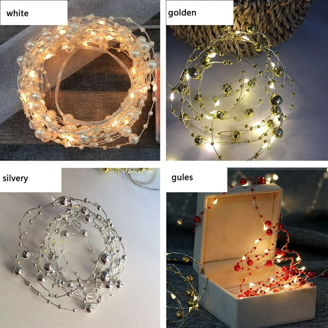 Light String Electric Light Chain Plastic Bendable LED String Electric Light String with Artificial Pearl, Red Pearl, 2m