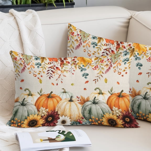 Fall Pumpkin King Size Pillow Cover,Pillowcase Protectors with Zipper,Breathable Decorative Throw Pillow Case Cover,Thanksgiving Maple Leaf Floral Harvest Beige Pillow Shams for Couch Sofa 20x36Inch
