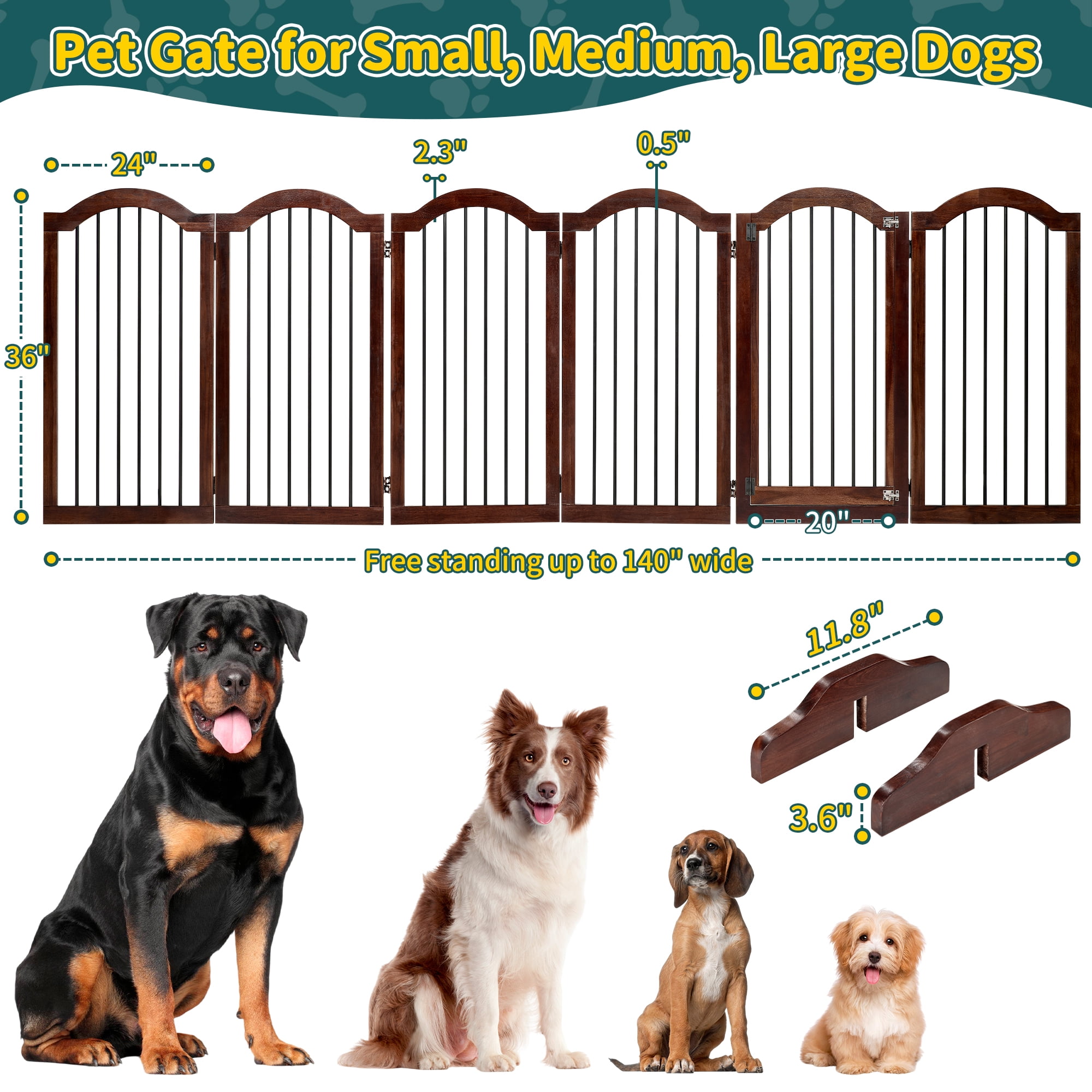 TrumanPick Free Standing Pet Gate with Door 36"H x 144"W Foldable Dog Gate 6 Panels Solid Wooden Dog Fence Indoor with Support Feet for House Doorways Stairs, Brown