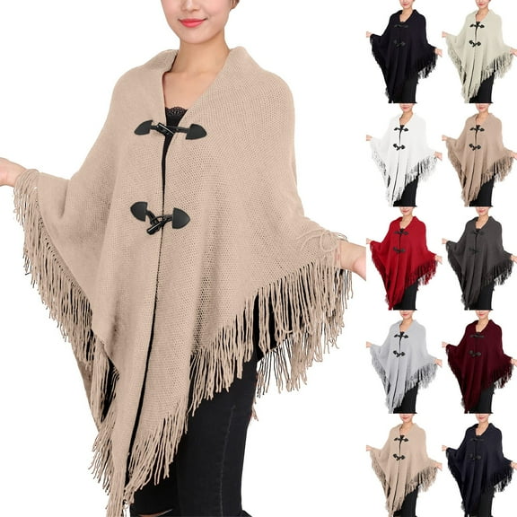 Baberdicy Women's Double Layer Fringe Cape Poncho, Warm Thick Cowl Neck Shawl with Toggles for Winter,Beige Free Size