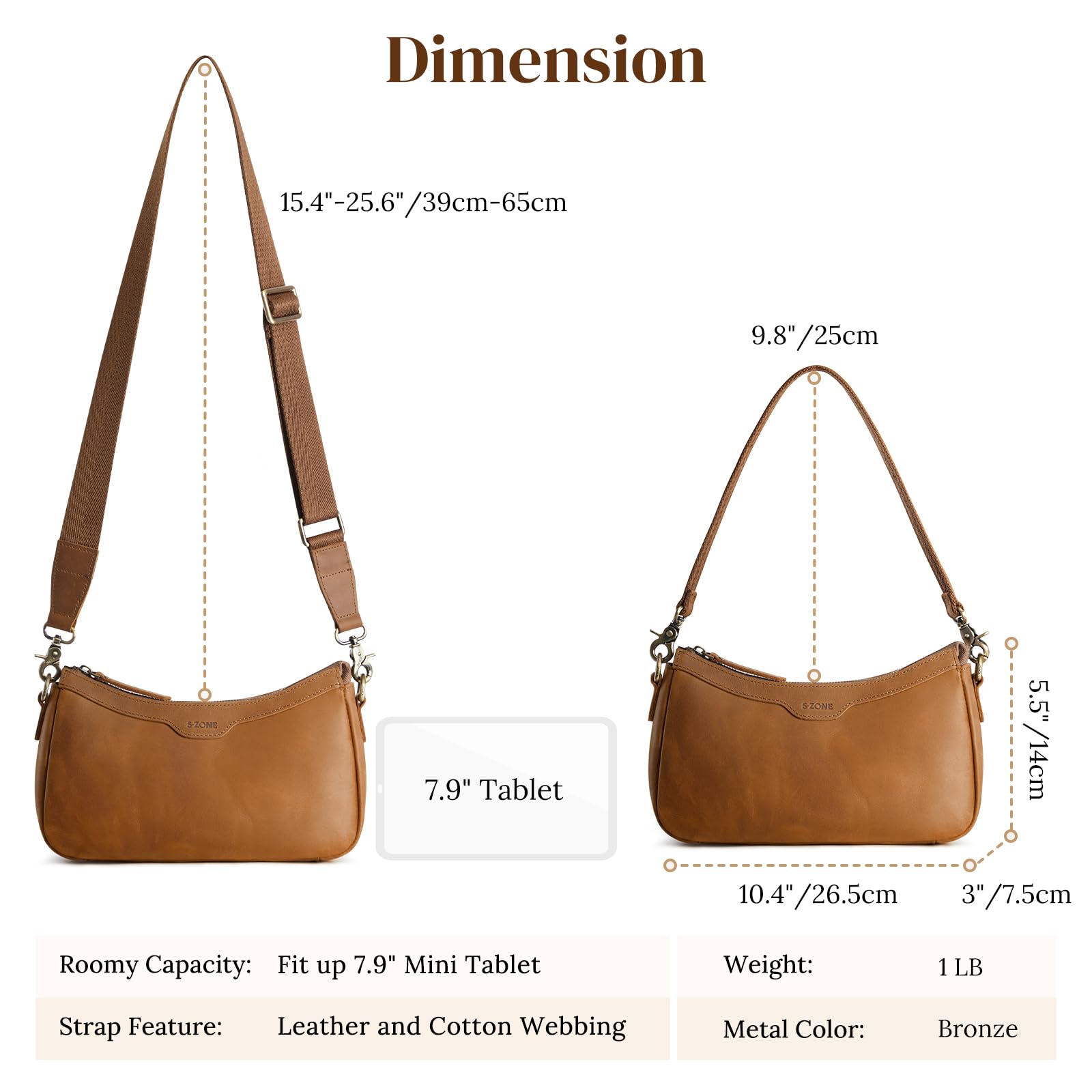 S-ZONE Leather Shoulder Bag for Women Small Crossbody Bags Hobo Purses with 2 Straps