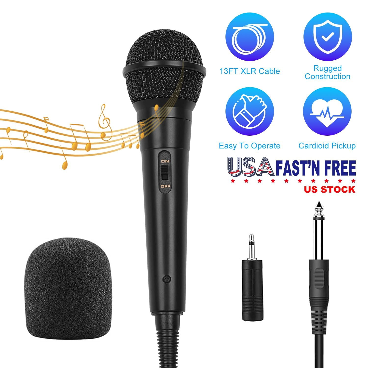 Handheld Wired Microphone Cardioid Dynamic Vocal Mic with On/Off Switch 13ft Cable 6.35 mm Jack for Speaker Karaoke Ampilifier Mixer Professional Studio & Live Performance