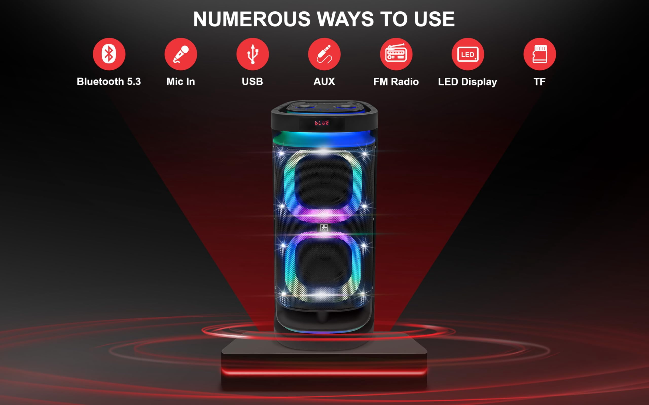 Fisher Portable Bluetooth Wireless Speaker:Dual 8" Subwoofer 60W Peak Power Loud HD Deep Bass Sound|LED Lights|Rechargeable|Karaoke|Microphone|TWS Pairing|USB Port|TF|AUX|FM Radio|Guitar Jack