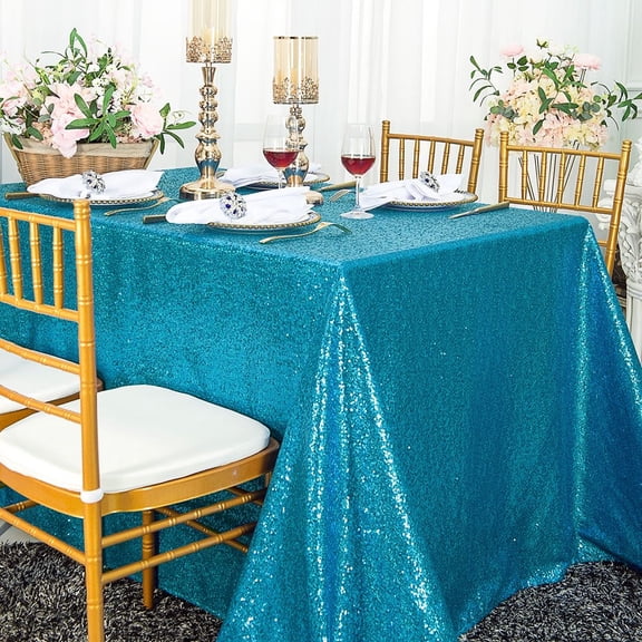 Wedding Linens Inc. 90'' x 156" Rectangular Sequin Taffeta Tablecloth - Turquoise