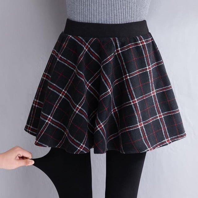 Leggings de vellón de dos piezas falsos, pantalones de una pieza ajustados y gruesos con cuadros escoceses para mujer