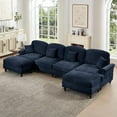 thumbnail image 5 of Mid Century Sectional Sofa, U Shape 4 Seat Couch with Flared Arms & Removable Ruffles Pleats Skirts, Deep Seat Sofa for Living Room, Blue, 5 of 7