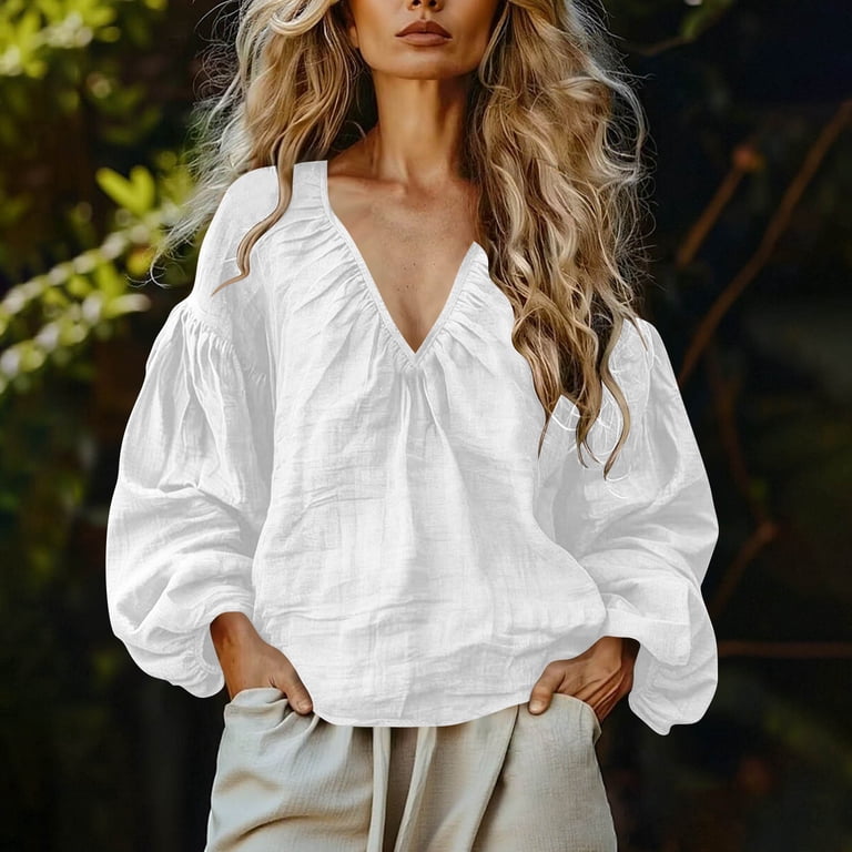 Floleo Women's Gathered V-Neck Balloon Long Sleeve Blouse, Elastic