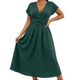 thumbnail image 2 of Dolkfu V-Neck Womens Fall&Winter Dresses Petal Pull-on Green Short Sleeve Faux-Wrap Romance Solid Relaxed Fit Long Dresses Green,Xl, 2 of 5