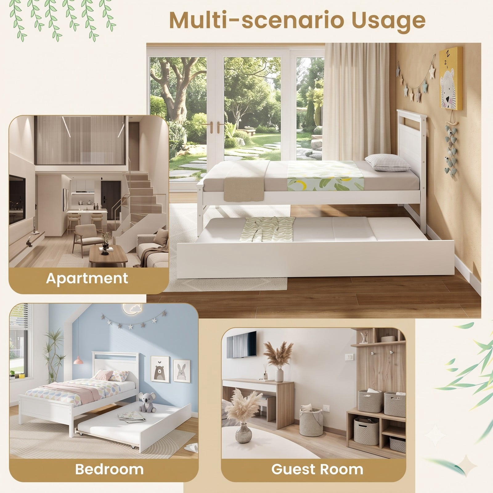 Furnibear Twin Bed Frame Wood Platform Bed with Roll-Out Trundle and Plank Headboard for Kids and Guest Bedroom, White