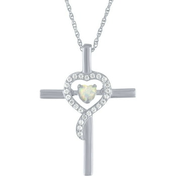 Brilliance Fine Jewelry Women's Created Opal Dancing Cross Pendant in Sterling Silver, 18"