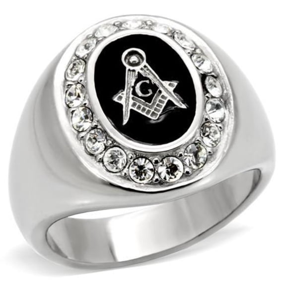 Luxe Jewelry Designs Men's Stainless Steel Masonic Design Ring with Black Epoxy and Clear Crystals -