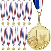 12 Pack Basketball Medals for Kids and Adults, Team Participation Trophies, Awards, Party Favors, Red, White, and Blue Stripes 15.5" Ribbon (2 in, Metal, Gold)
