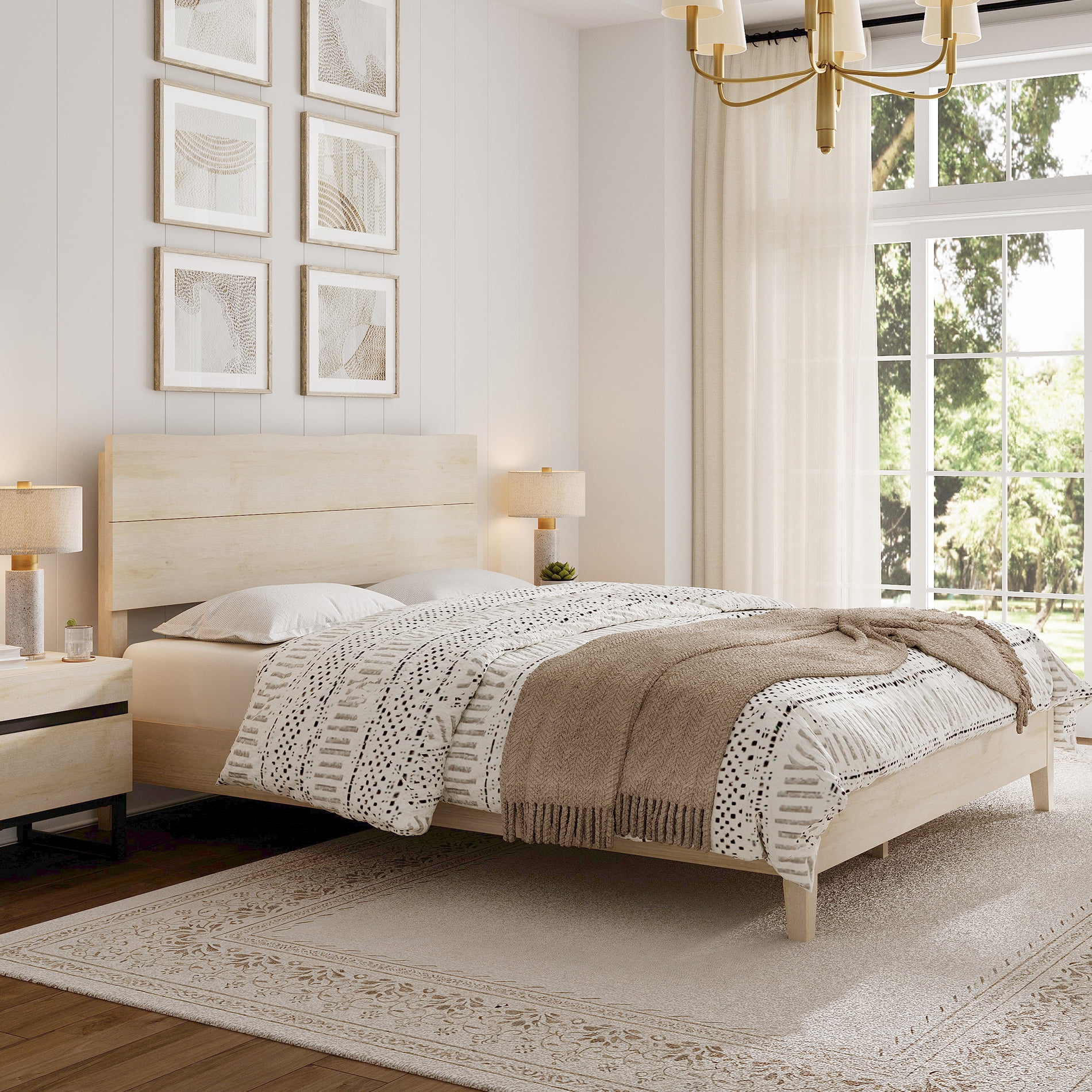 Queen Size Bed Frame with Minimalist Wave Headboard, Wooden Platform Bed Frame with Solid Wood Legs and Mid-Beam Support for Bedroom Furniture, Beige