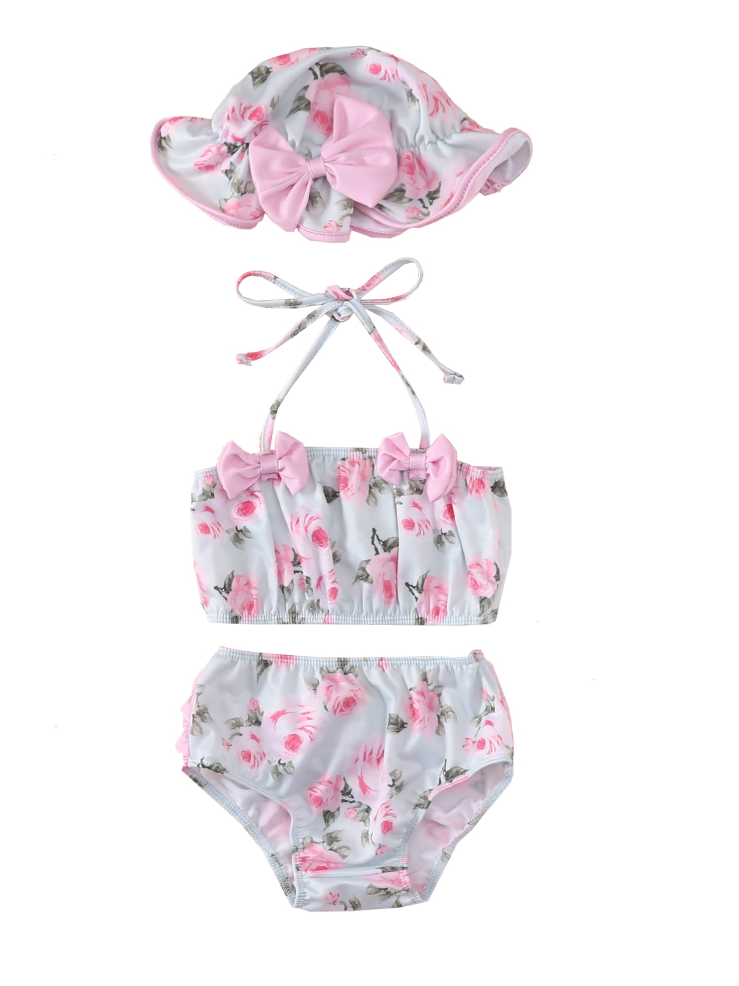 Newborn Baby Girl Swimsuit Sleeveless Flamingo Print Crop Top Ruffle Shorts Hat 3Pcs Summer Bathing Suit 