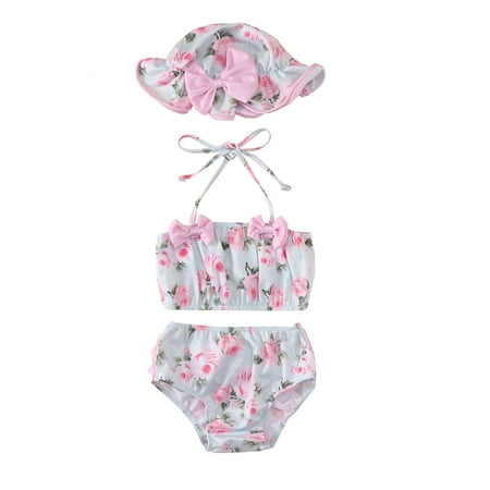 

Pudcoco Baby Swimsuit Set Halter Tie Bow Embellished Tops Shorts Hat