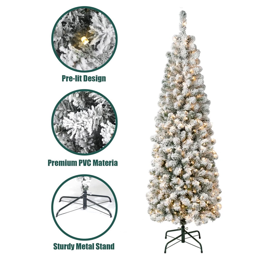 Abble Pre-lit Snow Flocked Artificial Slim Pencil Christmas Tree - 8Ft