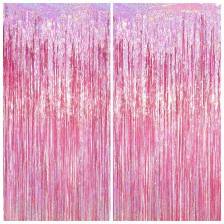 2 Pack Laser Pink Tinsel Foil Fringe Curtains, Mothers Day Pink Decorations, Metallic Tinsel Party Streamers Backdrop for Birthday Bachelorette Graduation Wedding Party Decorations