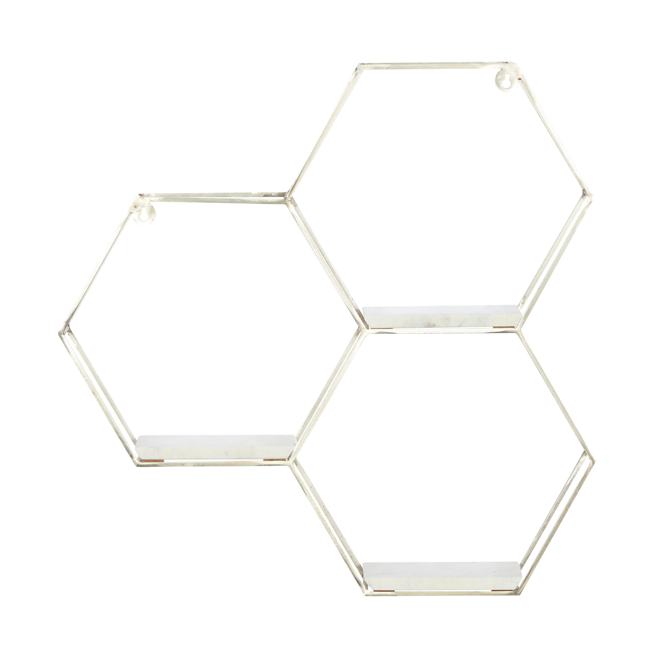 DecMode 26" x 5" Hexagon 3-Tier Silver Geometric Wall Shelf with 3 Marble Shelves
