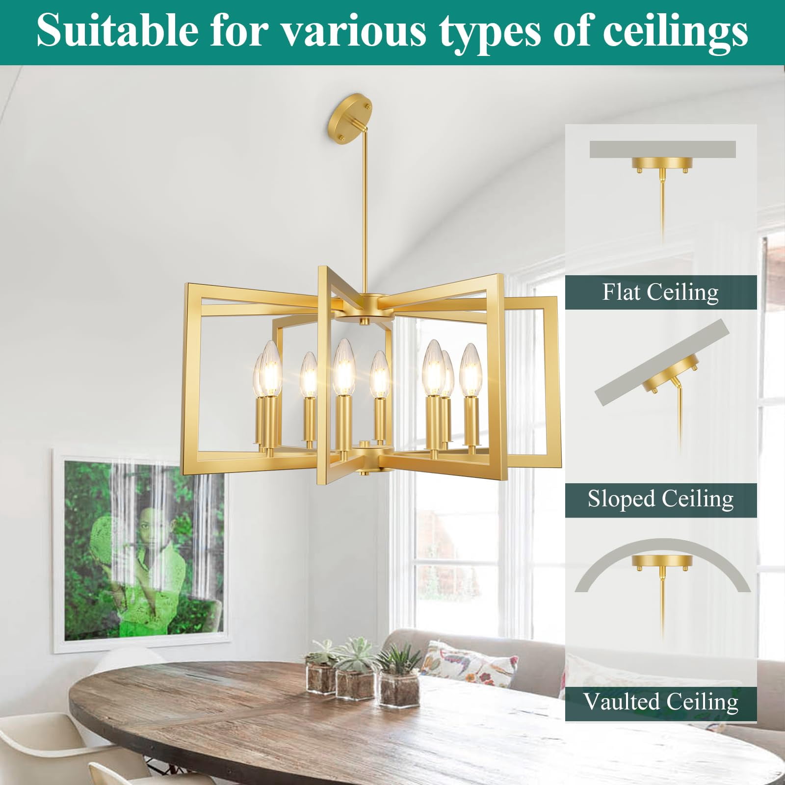Nordic Hygge 8-Light Farmhouse Dining Room Modern Chandelier, Gold