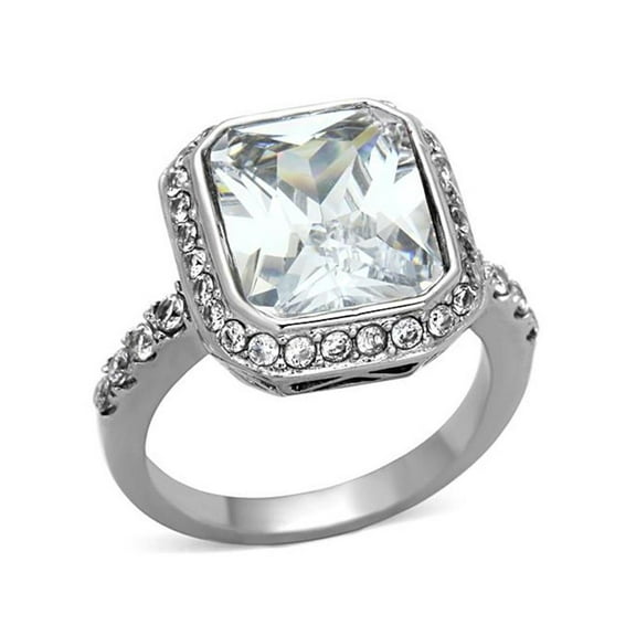 6.38 Ct Halo Emerald Cut Zirconia Stainless Steel Engagement Ring Womens Size 7