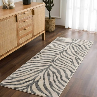 Hauteloom Ecorse Contemporary Animal Zebra Print Runner Rug for Living Room Hallway, Kitchen - Distressed Faded Style - Cream, Black, White, Beige, Grey - 2'7" x 7'3" (2x8)