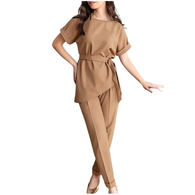 Birdeem Printemps et Été Femmes Élégant Bandage Uni Décontracté Manches Courtes Col Rond Blouses Hauts Ensembles Pantalons Longs