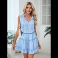 thumbnail image 4 of Womens Spring Summer 2025 Sleeveless Split V Neck Ruffle Chiffon Elegant Mini Short Skirt Dresses Blue S, 4 of 9