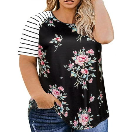 Chama Raglan T Shirts Short Sleeve Basic Tunic Blouse Summer Floral Tops for Plus Size Women