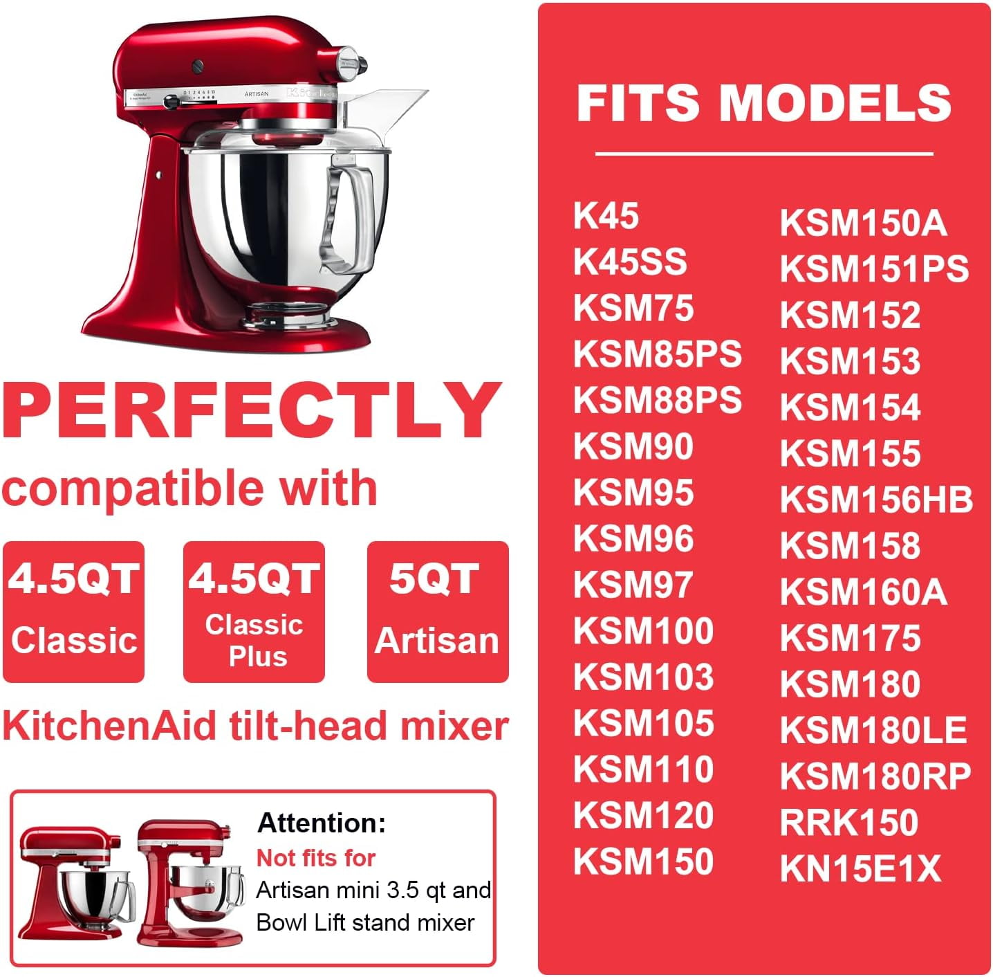 Stainless Steel Bowl for KitchenAid Classic&Artisan Series 4.5-5 QT Tilt-Head Mixer, 5 Quart 304 Stainless Steel Bowl with Handle, Dishwasher Safe.