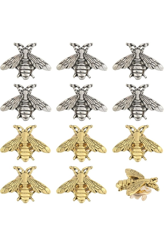 1 set 12pcs 2 colors Alloy Bees Lapel Pin Badge for Backpack Clothes Antique Silver & Antique Golden 20x26x3mm Pin: 1mm 6pcs/color