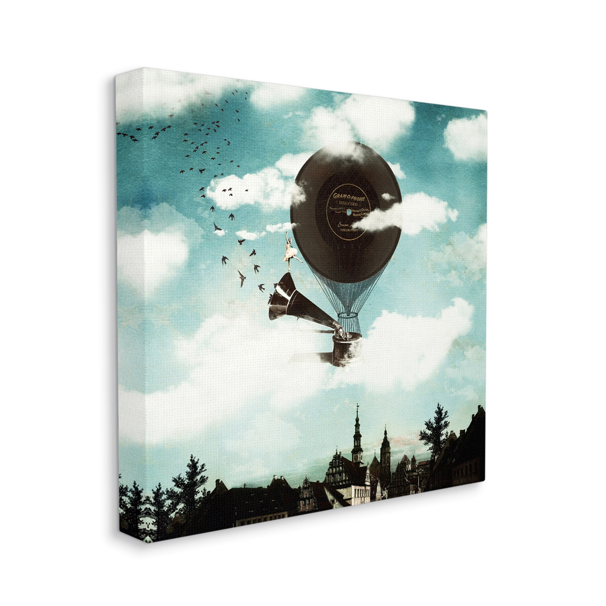 Serene Gramophone Flying Birds Clouds City Buildings Animals & Insects Painting Gallery-Wrapped Canvas Print Wall Art