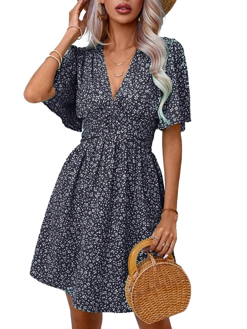 Women Summer Casual Floral Print Short Flutter Sleeve Mini Dress Casual Sundress V Neck Sun Dresses Black S