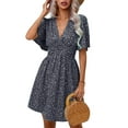 thumbnail image 2 of Women Summer Casual Floral Print Short Flutter Sleeve Mini Dress Casual Sundress V Neck Sun Dresses Black S, 2 of 9