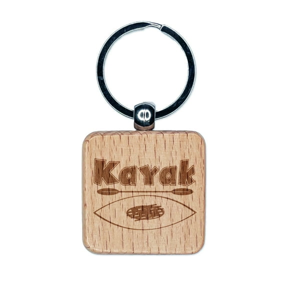Kayak Doodle Square Keychain Charm Tag - Engraved Wood