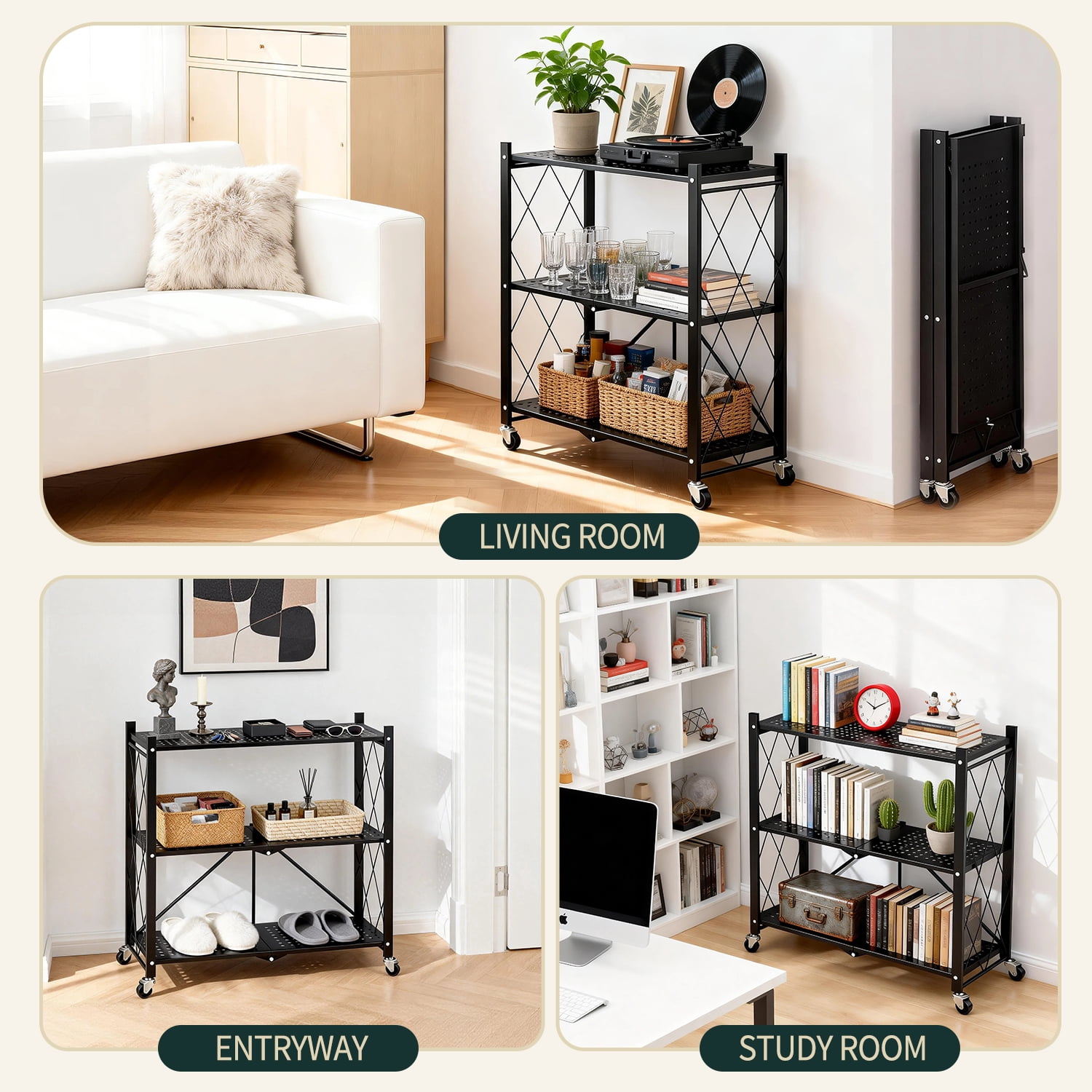 TAIMASI 3-Tier Foldable Metal Shelf with Wheels, Heavy-Duty Movable Wire Rack for Garage, Kitchen, Basement, Pantry Storage, 28''L x 13.4''W x 34.7''H-Black