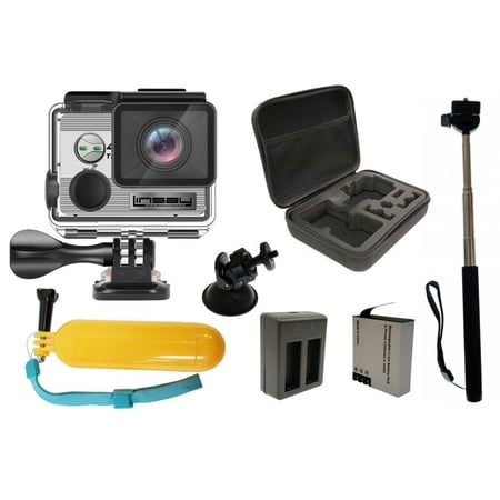 Super Bundle LINSAY TRUE 4K Action Camera with Hard Carrying Case, Extra Long Life Battery, Stick Hold Camera, Card Holder mount and Floating Handle