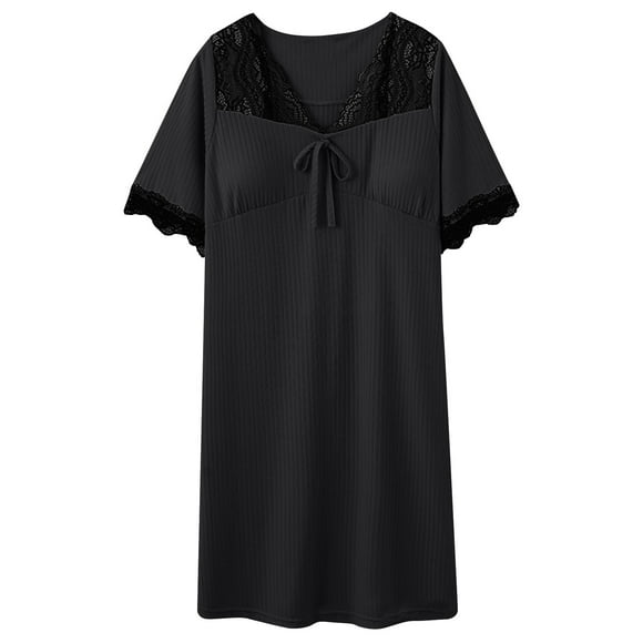 Xysaqa Nightgowns for Women Lace V Neck Nightshirt Short Sleeve Sleep Shirts for Women Oversized Comfy Sleepwear Soft House Dress M-3X (Built in Bras) Clearance Black