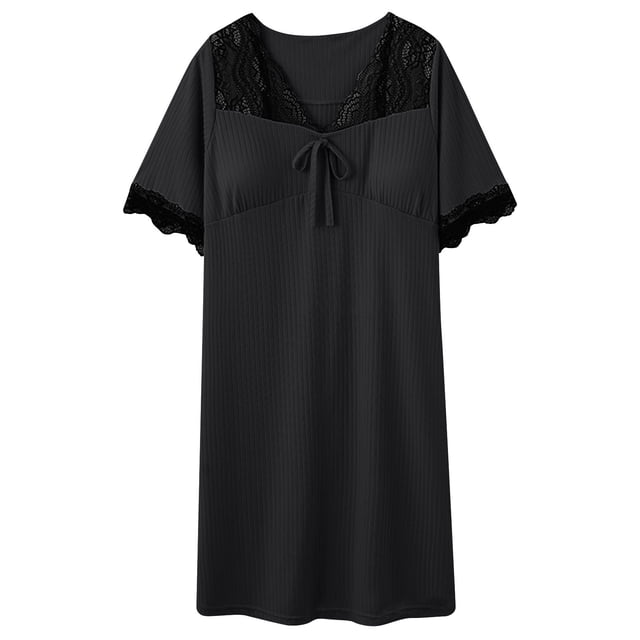 Jgppe Nightgown for Women Knit Ribbed with Chest Pads Lace Patchwork Short Sleeve Solid Color Sleepwear