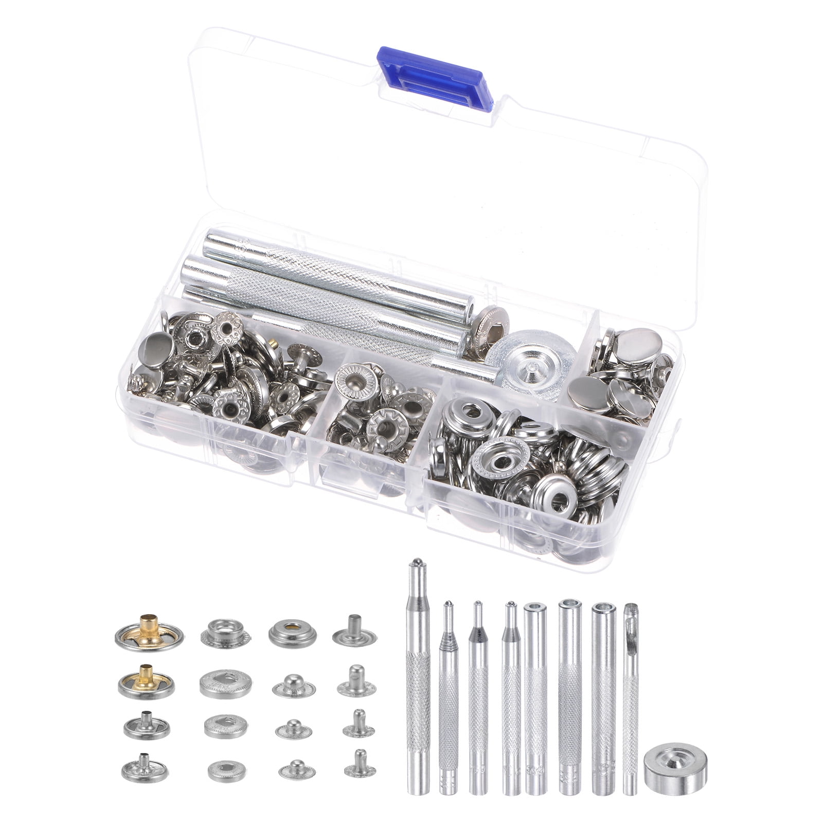 Snap Fasteners Kit 4 Type Copper with 9 Setter Tools & Box, Silver Tone