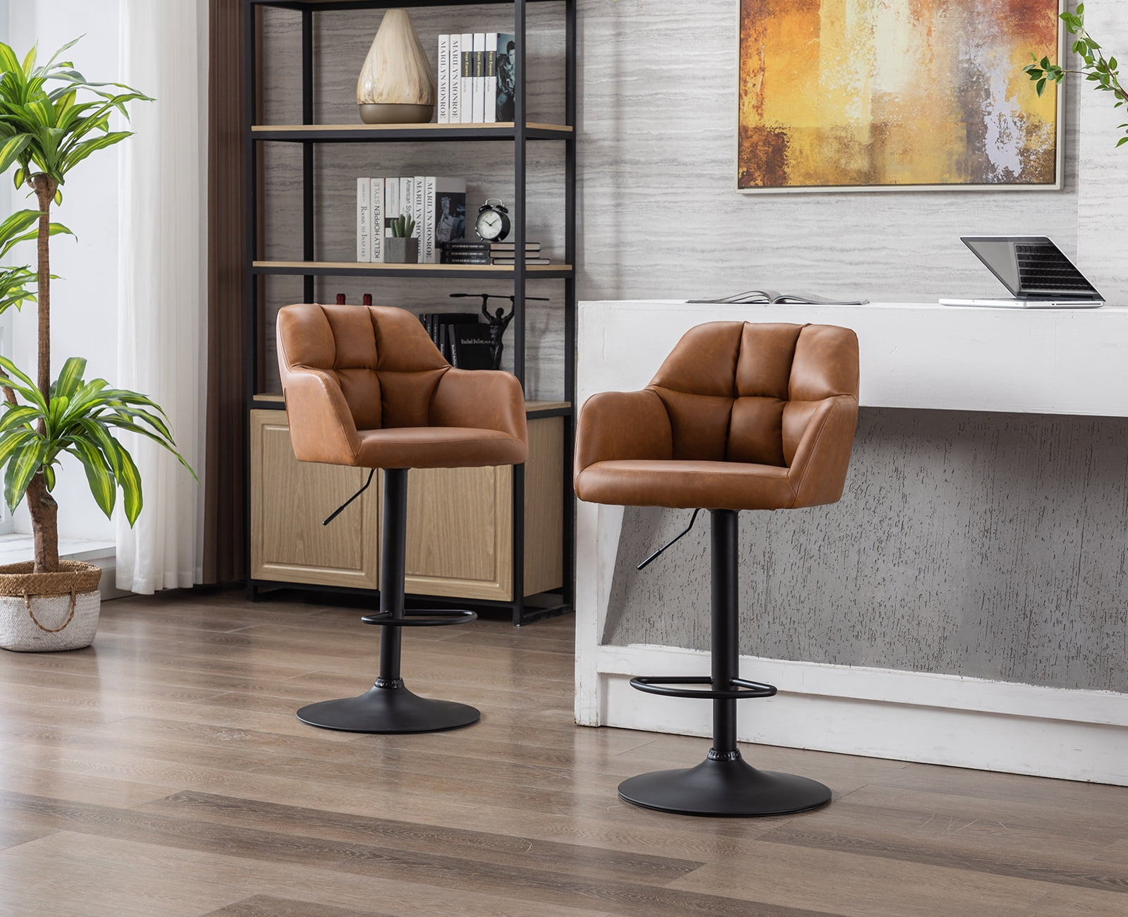 Guyou Modern Swivel Bar Stool Set of 2, PU Upholstered Adjustable Island Stool Counter Height Stool with Backrest and Metal Base for Kitchen Island Restaurant Bar, Brown