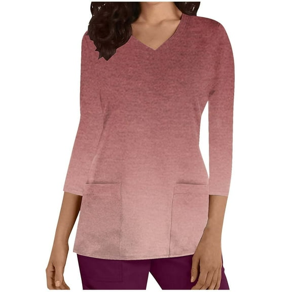 Aofany V-Neck Scrubs Tops for Women Soft Stretch Wrinkle-Resist Medical Nursing Uniform with 2 Pockets Comfortable Lightweight Working Uniform 3/4 Sleeve Gradient Blouse