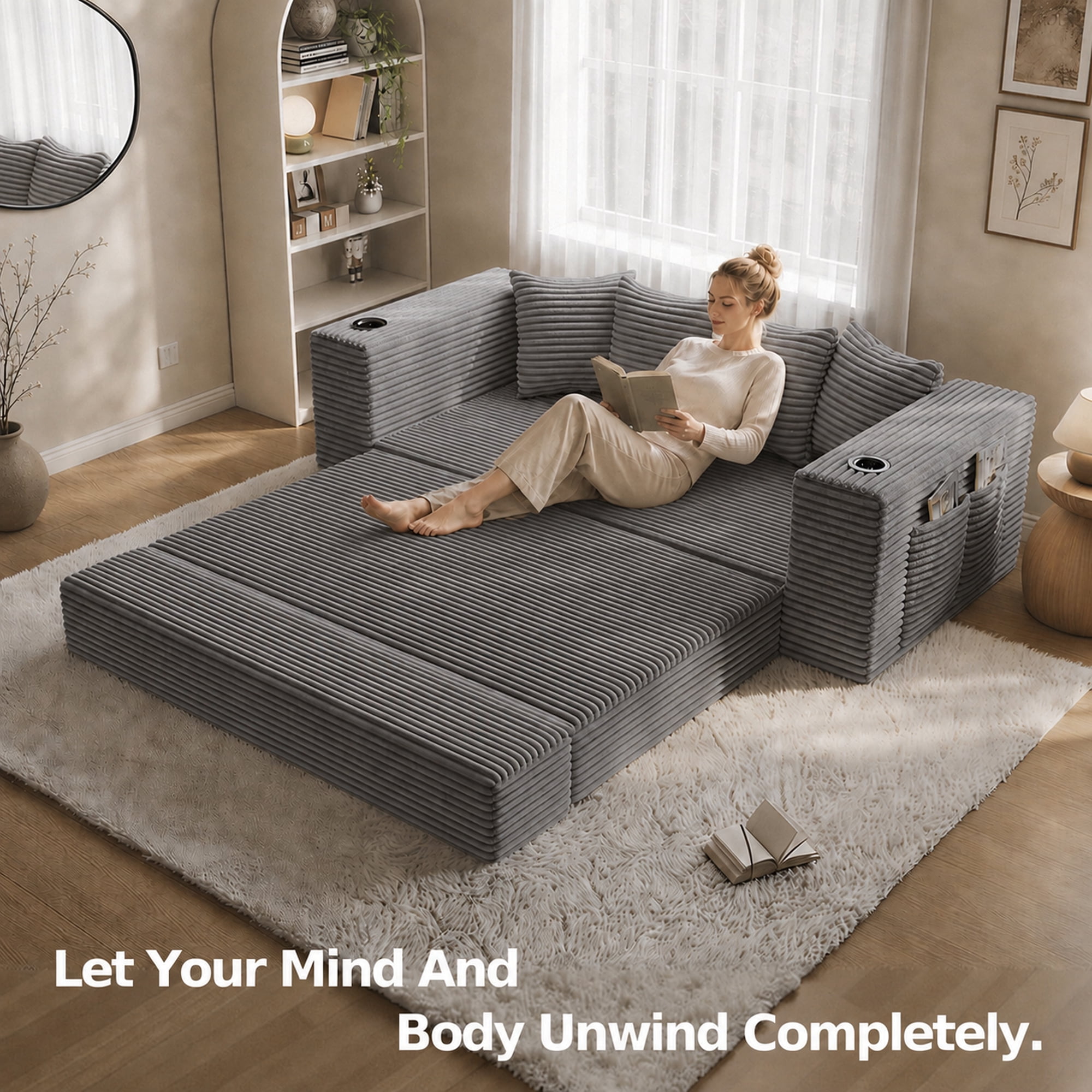Leumius 2-in-1 Convertible Sofa Bed,Boneless Corduroy Modular Sleeper Couch with Cup Holders & Side Storage Pockets,Oversized Deep Seat Sofa for Living Room, Apartment, Guest Room,Gray