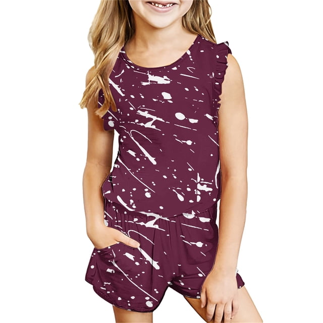 IFNWSV Ensembles d'Été pour Filles Mode Décontractée Sans Manches Col Rond Imprimé Shorts Ensembles 3-4 Ans